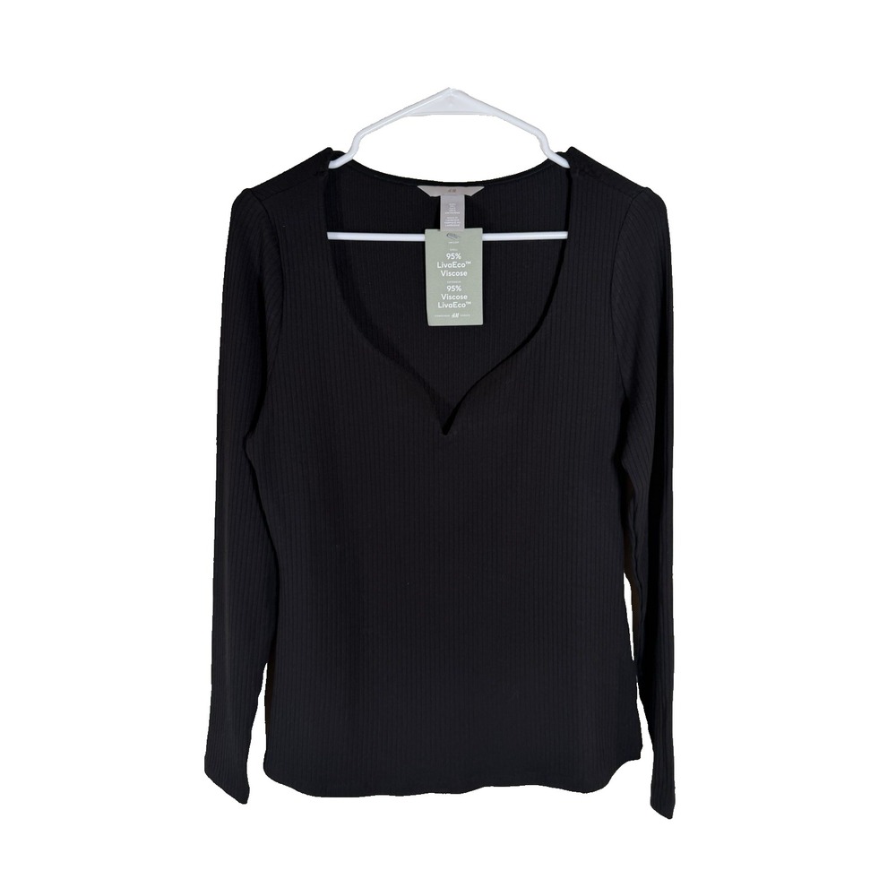 NWT H&M Black Ribbed Deep V-Neck Long Sleeve Top Size L